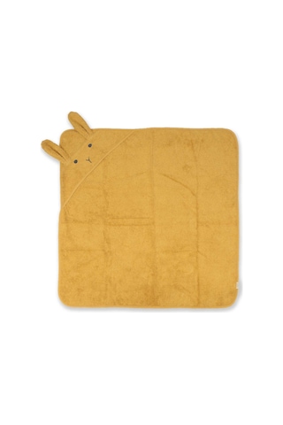 Cigit Kulaklı Tavşan Nakışlı Bebek Banyo Havlusu 75x75 Cm Hardal Sarı 75 x 75
