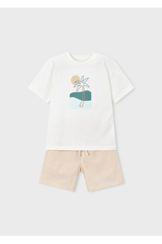 Erkek Çocuk İşlemeli Şort Ve T-shirt Takım Krem