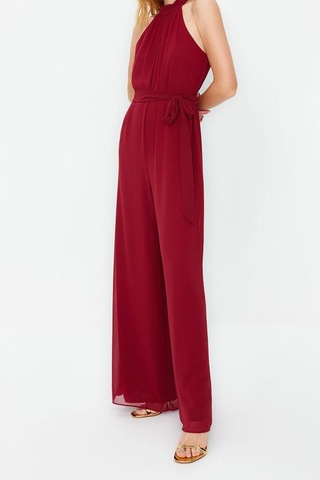 Ersefa Kadın Moda Standart Kol Geniş Paça Halter Yaka Uzun Kuşaklı Maxi Bordo