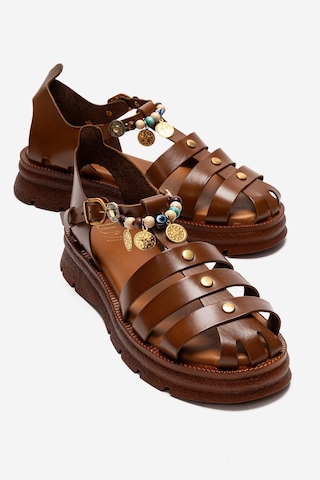Luvishoes Solıs Taba Hakiki Deri Boncuklu Kadın Sandalet