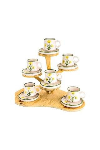 2 Li Takım Sarı Çiçek Desenli El Yapımı Kazan Seramik Kahve Fincanı, Kahve Fincanı Beyaz