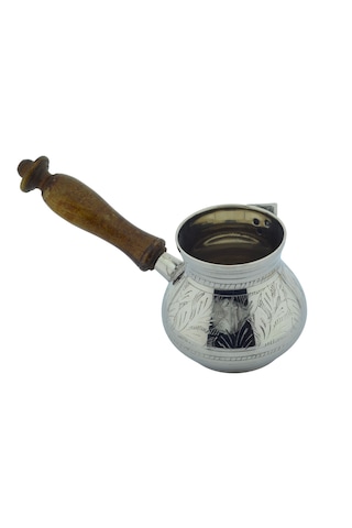 El Yapımı 350ml Dekoratif İşlemeli Ahşap Saplı Kalın Pirinç Cezve 9,5cmx10cm