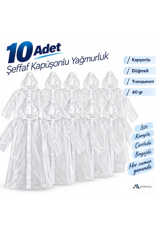 10 Adet Şeffaf Kapüşonlu Yağmurluk Düğmeli İş Kamp Seyahat Acil Durum 60 Gr