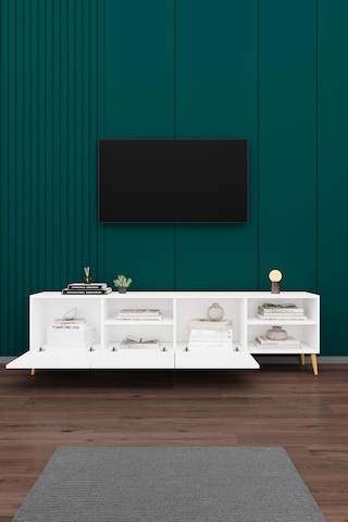 Asra Trend Tv Ünitesi T-18 %100 MDF 200 cm Büyük Boy Tv Sehpası Dolaplı Raflı Beyaz
