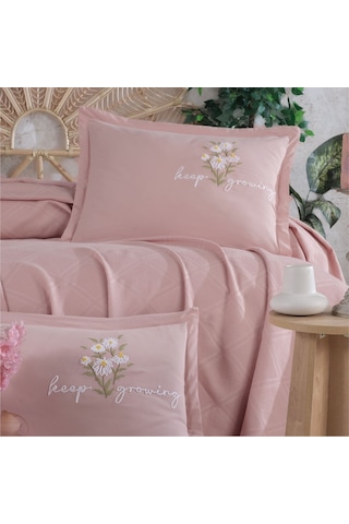 Clasy Butik Çift Kişilik Nakış Detaylı Pike Takımı Etta Pudra
