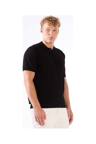 Dufy Siyah Polo Düğmeli Kısa Kollu Düz Renk Fitilli Slim Fit Erkek Triko Siyah