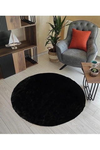 Raschel Carpet Raschel Carpet Yıkanabilir Kaymaz Taban Yuvarlak Peluş Halı Siyah