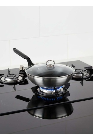 Mehtap Chefline İndüksiyon Tabanlı Wok Tava 28 Cm Cam Kapaklı Gri