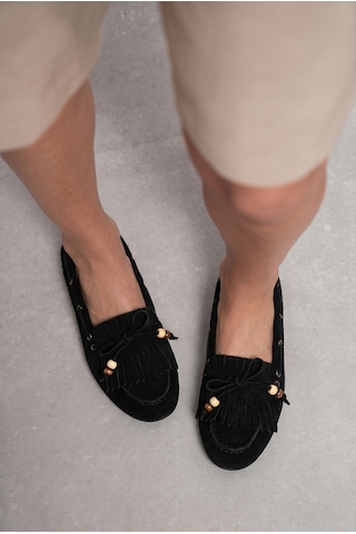 Giamgia Store Püsküllü Boncuk Detaylı Süet Makosen Loafer Ayakkabı-2364 Siyah