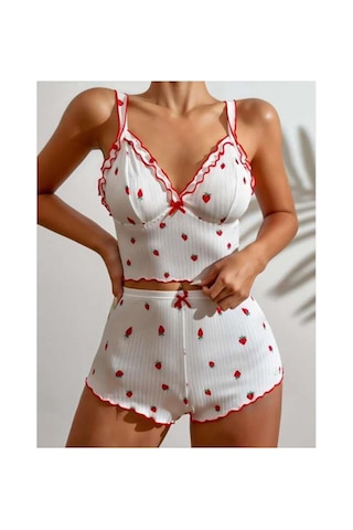 Selveta Kadın Penye İp Askılı Şortlu İnce Beyaz Gecelik Pijama Takımı Çok Renkli