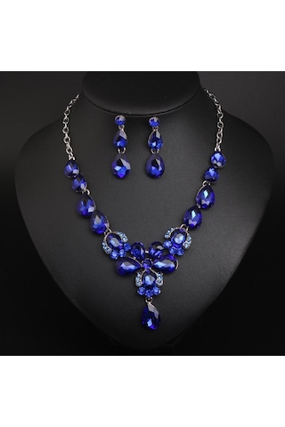 Kristal Değerli Taşlar, Köprücük Kemiği Gerdanlığı Küpe Seti, Su Damlası Kadın Aksesuarları Mavi