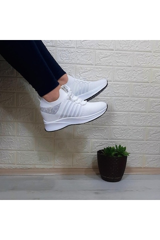 M.p 1669 Beyaz İçten Gizli Topuk 7cm Taşlı Kadın Spor Ayakkabı 001
