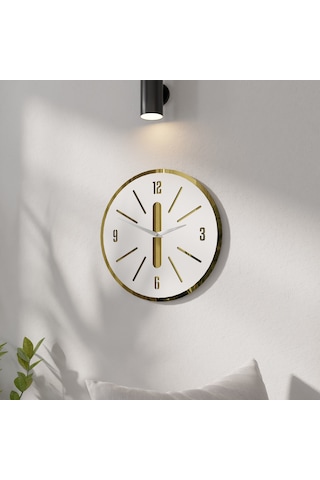 Minimalist Lüx Aynalı Pleklisi Ahşap Duvar Saati Beyaz - Altın
