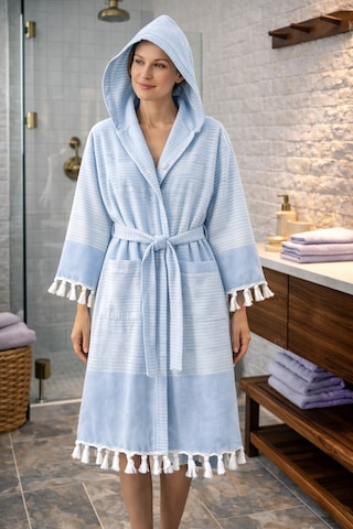 %100 Pamuk Dokuma Kapüşonlu Cepli Unisex Peştemal Pike Bornoz Ultra Yumuşak M/l/xl Beden Bebe Mavisi