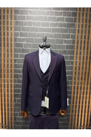 Dupont Classics Erkek Slim Fit 6 Drop Sivri Yaka Yelekli Kırçıllı Çift Yırtmaç Takım Elbise Mor