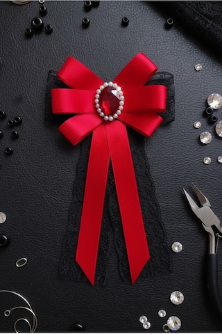 Kadın Fiyonk Broş-kırmızı. Parlayan Rhinestone Çiçek Detaylı. Fiyonk Broş Kurdele. El Yapımı Özel Çok Renkli