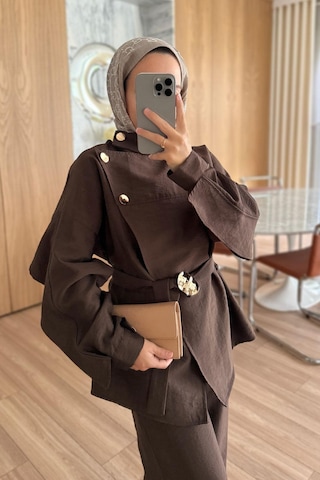 Omuz Düğmeli Trenç Takım - Kahverengi Kahverengi