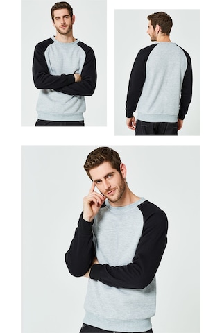Erkek İlkbahar Ve Sonbahar Renk Bloklu Yuvarlak Yakalı Uzun Kollu Sweatshirt Açık Gri
