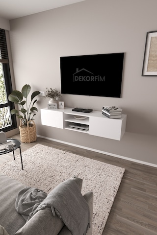 Df17102 Led Işıklı Duvara Monte Tv Ünitesi, 2 Kapaklı Dolaplı, Raflı 150 Cm Tv Alt Ünitesi Beyaz