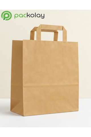Flat Düz Saplı Kraft Kağıt Çanta 25x12x31 Cm - Doğal Kahverengi Paket Servis Çantası-100 Adet