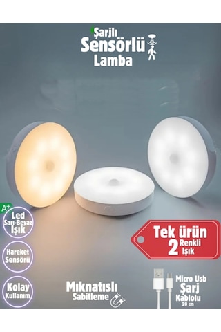1 Adet Şarjlı Hareket Sensörlü Beyaz-günışığı Çift Renk Led Işık - Koridor-merdiven-dolap İçi Lamba