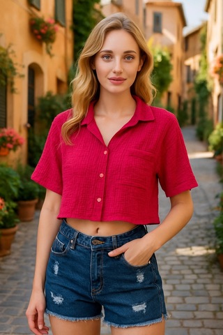Bbbutikbasic Bürümcük Cepli Crop Gömlek Fuşya
