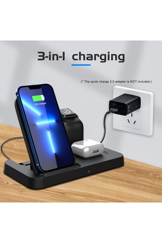 Wezone Siyah 15w Üçlü Kollu Kablosuz Şarj Cihazı: Telefon, Saat Ve Kulaklık İçin Çok Fonksiyonlu Dikey Stant