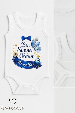 Babyden's Sünnet Kıyafeti Erkek Bebek Body Pamuk Ben Sünnet Oldum Maşallah Baskılı Zıbın Kolsuz Body Beyaz
