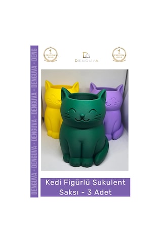 Sukulentsaksısı Dekoratif Renkli 11 Cm Home Ofis 3d Baskı Kedi Figürlü Sukulent Saksı - 3 Adet