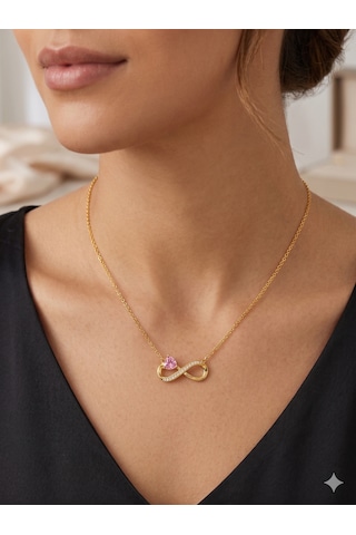 Sonsuzluk Pembe Kalp Zirkon Taşlı Kadın Çelik Kolye,hediye,özel Gün,sevgililer Günü , Anneler Günü ,gold Renk, Zarif,minimalist,yaz,yazlık Takı