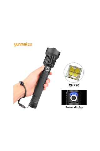 Ranyeek Xhp70 Güçlü Işık Feneri, Type-c Şarjlı, Pil Göstergeli, Yakın-uzak Zoom, 2 Adet 26650 Pil Ve Usb Kablosu İçerir Siyah