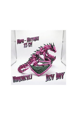 Atatug Dev Boy İpeksi Fuşya Ve Simli Yeşil Kanatlı Ejderha Figürü - 23x23 Cm 3d Baskı Hediye