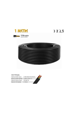 Sgs Elektrik Tesisat Kablosu - 3x2.5 Cca Ttr 48x0.18 - Siyah - 1 Mt.