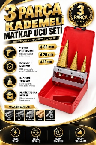 Kademeli Matkap Ucu Seti 3 Parça 4-12 4-20 4-32 Mm Hss Konik Delm