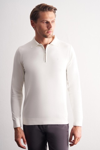 İmza Ekru Uzun Kol Fermuarlı Yaka Cepsiz Slim Fit Triko 1012255150 Ekru