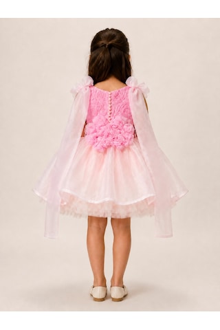 Star Kids Fashion Kız Çocuk Pembe Prenses Elbisesi Gül Detaylı Kabarık Tül Etek Omuzdan Tül Doğum Günü Özel Gün Abiye
