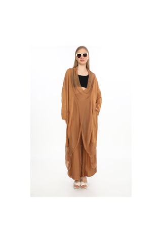 Bohem Stil Italyan Ipek Detaylı Oversize Kap Bluz- Wes Pantolon Takım-8863 Cappuccino