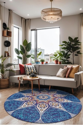 Desenli Şönil Pamuk Tabanlı Yıkanabilir Kaymaz Antibakteriyel Yuvarlak Salon Halısı 160x160 Çok Renkli