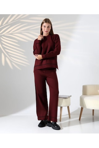 Kontrast Dikişli Kadın Triko Takım Bordo