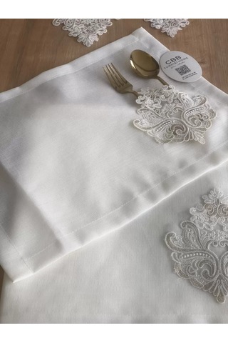 Bezos Sofra Takımı Mimoza Gardenya Keten Yemek Takımı 160x220 Masa Seti 26 Parça Runner Set Kreme Gold Bezos1