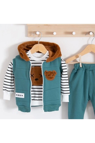 3-18 Ay Erkek Bebek Takımı Peluş Ayıcık Kapişon 3'lü Yeşil