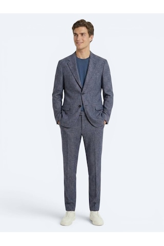 Kip Mavi Desenli Modern Fit Keten Karışımlı Takım Elbise