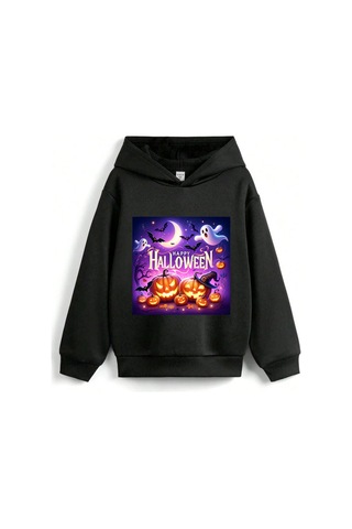 Stil X Halloween - Cadılar Bayramı Baskılı, Kapüşonlu Çocuk Sweatshırt, 3 İplik Şardonlu Siyah-6