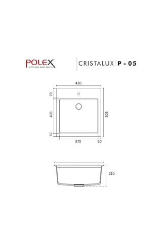 Polex Cristalüx Granit Evye P-05 Siyah Tezgah Altı Ve Tezgah Üstü Kare Mutfak Evyesi 41x51 CM