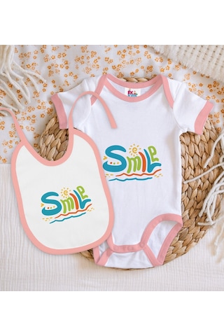 Bk Kids Smile Tasarımlı Pembe Bebek Body Zıbın Ve Mama Önlüğü Hed Çok Renkli
