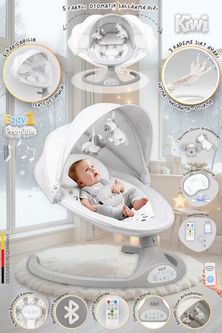 Kiwi Eggyone Elektrikli Otomatik Sallanan Bebek Ana Kucağı, 5 Farklı Sallanma Hızı, Oyuncaklı- Snow