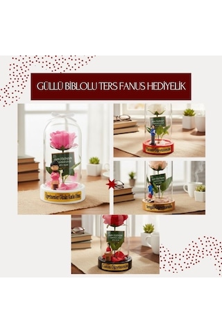 Güllü Biblolu Ters Fanus - Öğretmenler Günü Hediyesi Gül Süsleme Sürpriz Hediye Dekoratif Obje