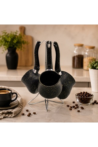 4pcs 230-280-380ml Granit - Çelik Cezve Renkli Metal Standlı 5570