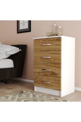 Moxen Mobilya Beyaz- Ceviz 4 Çekmeceli Komodin KMD4002