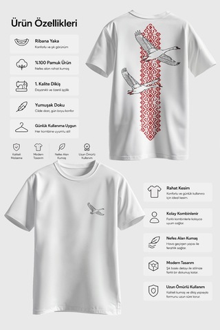 Spoyi Red Heritage Bird Tasarımlı %100 Pamuk Yarım Oversize Beyaz T-xlhirt